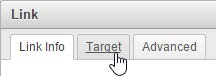 Link dialog with Link Info, Target, and Advanced tabs, with the pointer on Target.