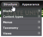 Structure menu open, listing Blocks, Content types, Menus, Taxonomy, and Views.