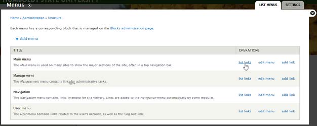 Menus page listing Main menu, Management, Navigation, and User menu, each with list links, edit menu, and add link.