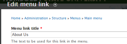 Edit menu link page with Menu link title set to About Us.