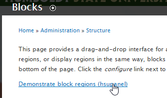 Blocks page with the Demonstrate block regions link.
