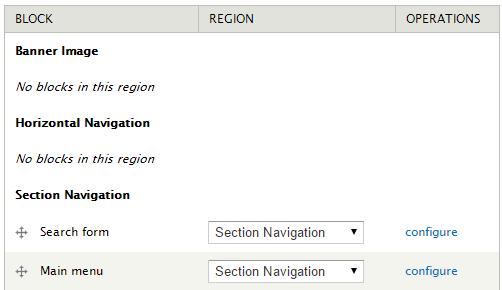 Blocks table with Block, Region, and Operations columns; Search form and Main menu are in Section Navigation.