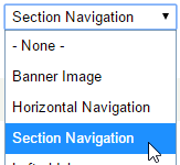 Region drop-down listing None, Banner Image, Horizontal Navigation, and Section Navigation.