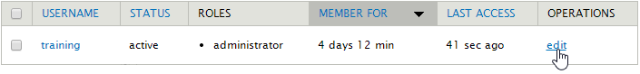 People list showing a user named training with the administrator role and an edit link.