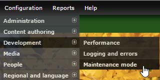 Configuration menu with Development expanded and the pointer on Maintenance mode.