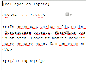 Source view showing a collapse shortcode wrapped around a heading and paragraph.