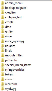 Folder list of installed modules, including admin_menu, ckeditor, collapse_text, pathauto, special_menu_items, views, webform, and wysiwyg.
