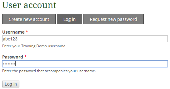 User account login form with Username and Password fields and a Log in button.