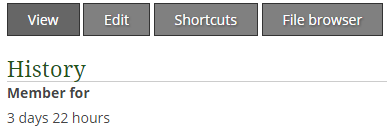 Profile page with View, Edit, Shortcuts, and File browser tabs and a History section.