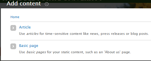 Add content page listing Article and Basic page content types.