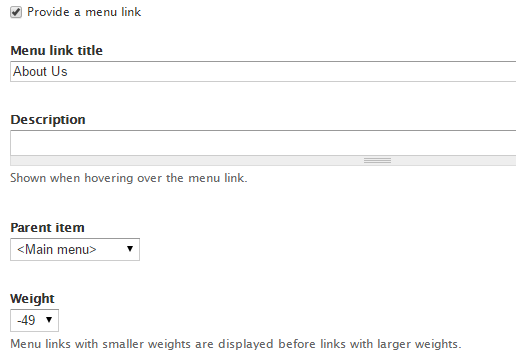 Menu settings with Provide a menu link checked and fields for Menu link title, Description, Parent item, and Weight.