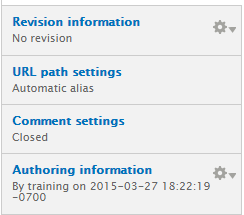 Vertical tabs for Revision information, URL path settings, Comment settings, and Authoring information.