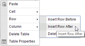 Table context menu with Row expanded, showing Insert Row Before and Insert Row After.
