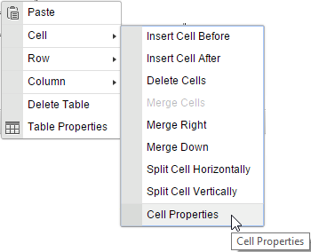 Table context menu with Cell expanded and the pointer on Cell Properties.