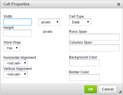 Cell Properties dialog with width, height, alignment, cell type, span, and color settings.