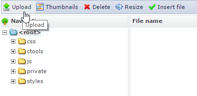 File browser toolbar with the pointer on Upload, above a folder tree.