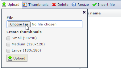 Upload panel with a Choose File button, thumbnail size options, and an Upload button.