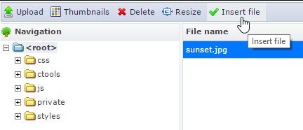 File browser with sunset.jpg selected and the pointer on Insert file.