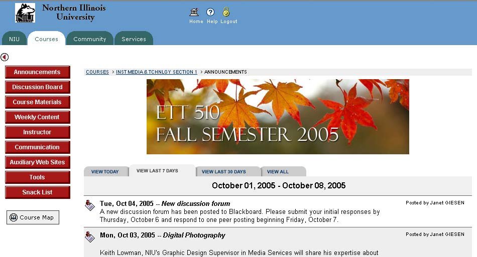 A Northern Illinois University Blackboard course page for ETT 510, Fall Semester 2005, with a course menu of Announcements, Discussion Board, Course Materials, and other areas beside a list of announcements.