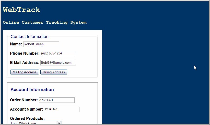 WebTrack Online Customer Tracking System form with fields for name, phone number, and e-mail address, and account information such as order number and account number.