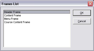 JAWS Frames List dialog listing Header Frame, Content Frame, Menu Frame, and Course Content Frame, with OK and Cancel buttons.