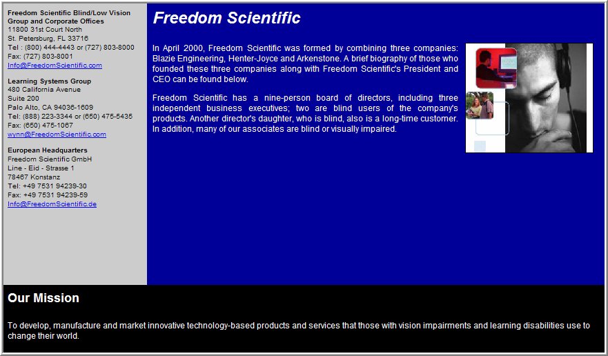 Three-frame page about Freedom Scientific: a contact information frame on the left, a company history frame on the right, and a mission statement frame along the bottom.