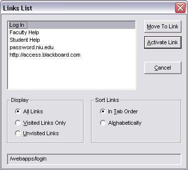 JAWS Links List dialog listing Log In, Faculty Help, Student Help, and two web addresses, with Move To Link, Activate Link, and Cancel buttons and options to display and sort links.