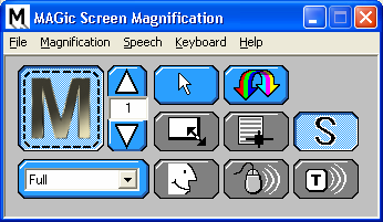 The MAGic Screen Magnification window: a toolbar of large buttons for magnification, magnification level, mouse and color enhancements, locator, smoothing, and resize view, above a Magnified Views list.