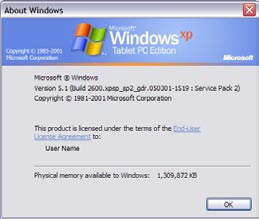The About Windows dialog showing Microsoft Windows Version 5.1, Service Pack 2.