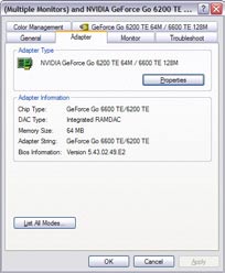Adapter tab showing the adapter type NVIDIA GeForce 6200 TE and adapter details.