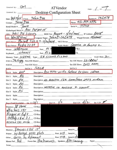 A handwritten ATVendor Desktop Configuration Sheet. Boxes highlight the client name, system number, phone number, operating system, video driver, display adapter, and the list of pre-installed software.