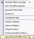 Microsoft Word Help menu with the pointer on About Microsoft Office Word.
