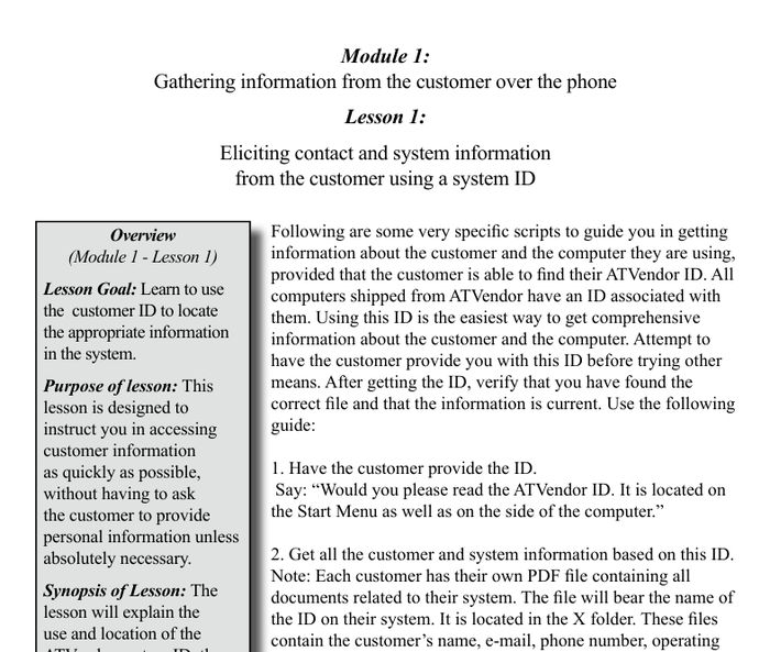 Student guide page for Module 1, Lesson 1, with a lesson overview sidebar and a numbered call script.