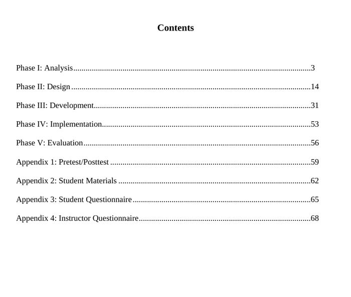 Table of contents of a design plan: Analysis, Design, Development, Implementation, Evaluation, and appendices.