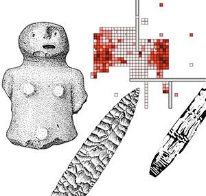 Pen-and-ink stipple drawings of a carved figurine and stone tools beside a red grid map of artifact counts.